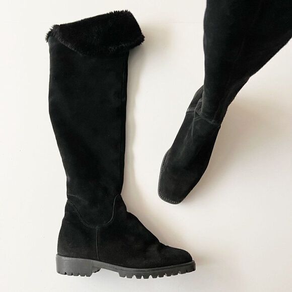 Vintage Aquatalia Made in Italy Black Suede Over The Knee Boots Square Toe Sz 7 - Picture 2 of 8